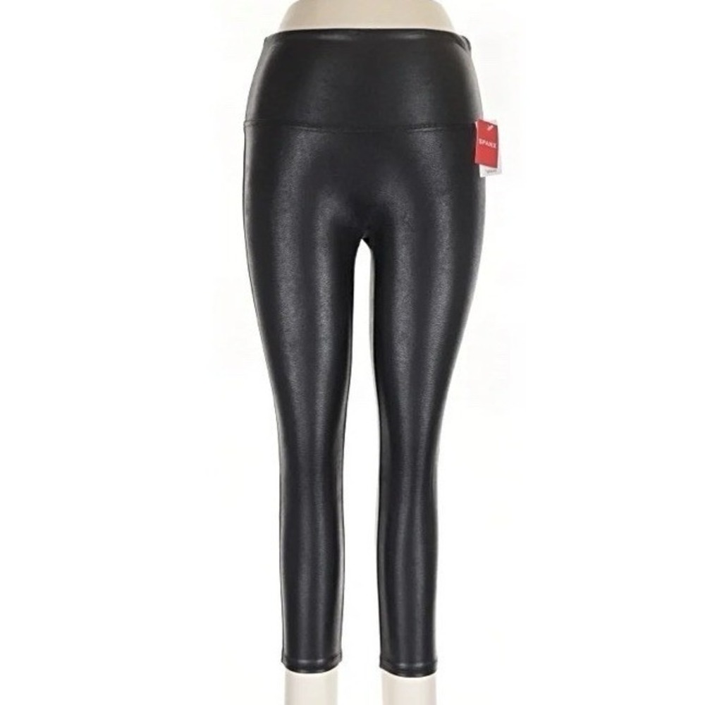 SPANX Womens Petite Medium Black Faux Leather Leggings High Rise Shaping NWT